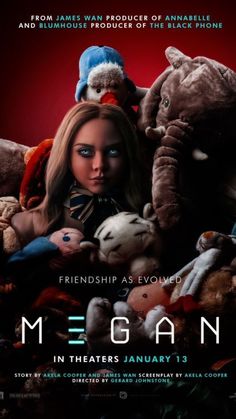 the movie poster for megan, which features an image of a woman surrounded by stuffed animals