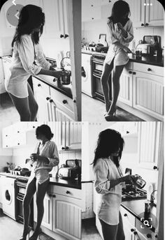 four photos of two women in the kitchen, one with her legs on the counter