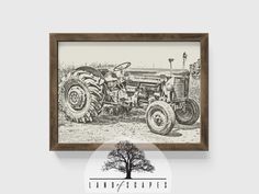 an old farm tractor is mounted on the wall above a tree and reads, i love farming