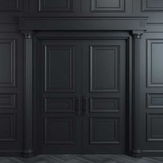 an empty room with black walls and doors