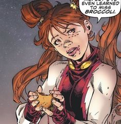 a comic character holding a sandwich in her hand