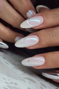 milky white Nail Color Trend Silver Acrylic Nails, White Almond Nails, White Chrome Nails, Silver Nail Designs, White And Silver Nails, Chrome Nails Designs, Pearl Nails