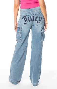 Juicy's iconic logo brings Y2K vibes to these laid-back jeans that are cut in a baggy, wide-leg silhouette. 33" inseam; 20 3/4" leg opening; 12 1/2" front rise; 16" back rise 63% cotton, 32% polyester, 4% rayon, 1% spandex Machine wash, tumble dry Imported