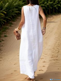 Orcajump - Sleeveless White Linen Blend Maxi Dress with Deep Neckline Non-stretch White Maxi Dress For Beach, White Non-stretch Maxi Dress For Beach, Non-stretch Sleeveless Beach Dress For Spring, White Non-stretch Maxi Dress For Vacation, Casual Fitted Sleeveless Dress For Vacation, Sleeveless Maxi Dress For Beach Season, Sleeveless Maxi Dress For Beach Daywear, Non-stretch Maxi Length Sleeveless Dress For Vacation, Casual Non-stretch Sleeveless Beach Dress