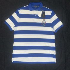 Nwt Blue And White Striped Polo Short W/Classic Bear Blue Collared Polo Shirt Preppy Style, Blue Collared Polo Shirt For Spring, Preppy Blue Collared Polo Shirt, Blue Polo Collar Shirt For Spring, Fitted Blue Polo Shirt For Spring, Blue Collared T-shirt For Spring, Blue Cotton Polo Collar Tops, Preppy Blue Cotton Polo Shirt, Preppy Blue Polo Collar Top