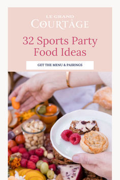 two people serving food to each other with the title, 32 sports party food ideas