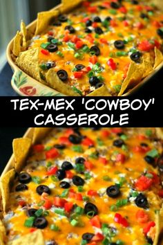 two different views of a mexican casserole with black olives, peppers and cheese