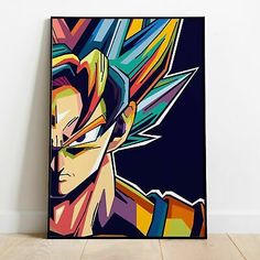 a painting of the character gohan on a wall next to a wooden floor and white walls