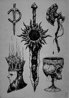 an ink drawing of various items from the past, including candles and other decorative objects