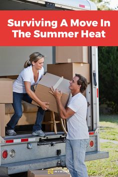 two people unloading boxes from the back of a moving truck