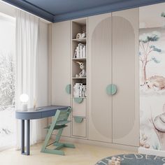 a room with a desk, chair and bookcase next to a wallpapered mural