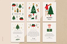 four christmas cards with people decorating the trees and presents on them, all in different colors