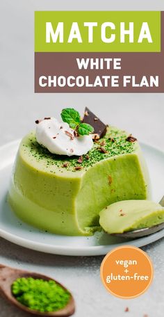 matcha white chocolate flan on a plate with spoon