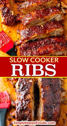 slow cooker ribs on a cutting board with bbq sauce