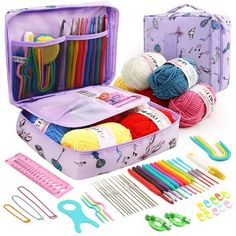 the knitting kit is packed with yarn, needles and crochet hooks to make it easier for someone to knit