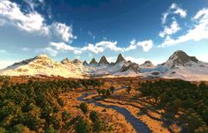 an aerial view of a mountain range with a river running through it