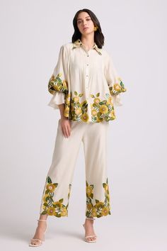 Ivory chanderi sunflower, thread work and beadwork embroidered pleated detail shirt. - Aza Fashions Designer Cord Set For Women, Sunflower Pants, Embroidery Sunflower, Plus Size Wide Leg Pants, Sunflower Shirt, Coord Set, International Style, Summer 24, Border Print