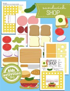 the sandwich shop printables are displayed on a blue background with green and yellow accents