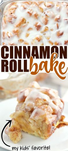 cinnamon roll bake on a white plate with text overlay