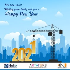 a happy new year card with a crane in the city