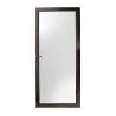 an open door with a mirror on the front and side paneled in black, against a white background