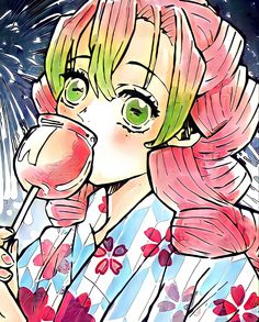 a drawing of a girl with green eyes and pink hair holding a lollipop