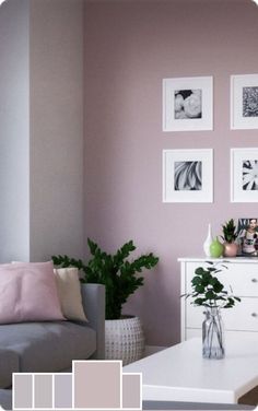 a living room with pink walls and pictures on the wall, white furniture and green plants in vases