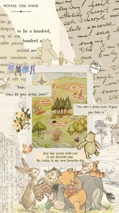 an image of winnie the pooh collage with handwritten text and pictures on it