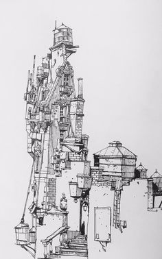 a black and white drawing of a building made out of many different types of objects