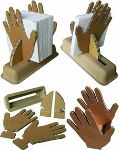 four different types of gloves and bookends made out of cardboard