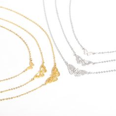 Description:3 Pieces Butterfly Necklace SetSpecifications:Material: stainless steelColors: Gold,SilverSize: 36 cm - 55.5 cm (details as per size chart picture)Weight: 12 g/set Catch everyone's eye with this 3-piece butterfly necklace set! Perfect for any outfit, these unique necklaces offer a playful touch with their fluttering butterfly pendants. Add a whimsical touch to your style with this one-of-a-kind set.