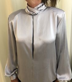 1980s Long Sleeve Purple/Silvery Silky Button Down the Back Blouse by Sonya Ratay for San Andre. Has Shoulder Pads Made in USA. Sz 6 Bust 36" Shoulders 16.5" Sleeve 23.5" Excellent Condition Silky Blouse, Shoulder Pads, Womens Clothing Tops, Blouses For Women, Tops & Tees, Long Sleeve, Purple, Clothes For Women, Clothes