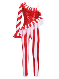 a red and white striped outfit with sequins