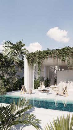 an artist's rendering of a pool with lounge chairs next to it and greenery on the roof