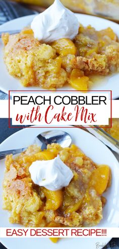 peach cobbler with cake mix on a white plate