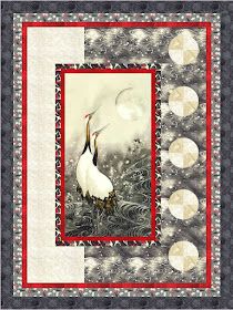 two cranes are standing next to each other on a quilted wall hanging with circles around them