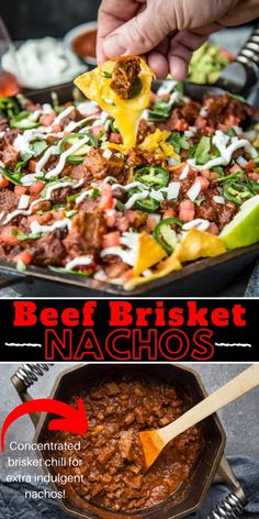 beef brisket nachos in a skillet with text overlay