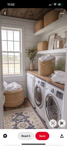 a laundry room with a washer and dryer in front of a window next to a rug