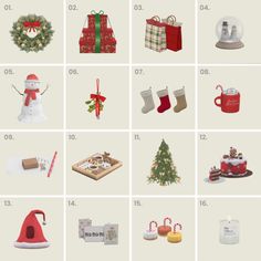 the twelve christmas gifts are displayed in different styles and sizes, including stockings, hats, mugs