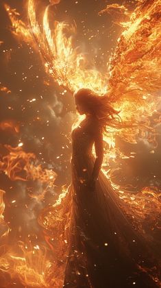 a woman standing in front of a fire filled sky with her hair blowing in the wind