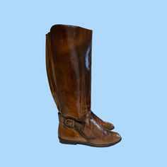 "80s Vintage boots-Women vintage boots-Size 8 boots-Gift for her-Tall riding boots-Christmas gift-Pull on boots-Vintage women wear. Size 8 Vintage tall brown genuine leather women flat pull on riding boots. These boots were made in the 1980s in Italy. They are 100% leather upper and they have man made soles. Size 8M height: 16.5\" length: 10.25\" insole: 9.25\" width: 3.5\" calf: 15\" heel: .05\" Material: leather  Color: Brown Condition: Good Vintage(interior lining is missing)" Vintage Winter Boots Medium Width, Retro Wide Calf Knee-high Boots, Retro Knee-high Boots For Fall, Retro Knee-high Fall Boots, Wide Calf Vintage Mid-calf Boots, Vintage Knee-high Heeled Boots For Winter, Vintage Brown Knee-high Boots For Fall, Vintage Moto Boots With Round Toe For Formal Occasions, Vintage Wide Calf Mid-calf Boots For Winter