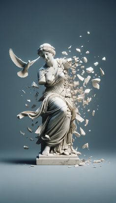 an image of a statue that has broken into pieces and is in the air with birds flying around it