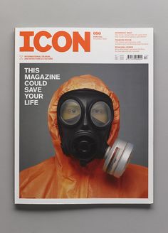 a magazine with a man in a gas mask on the cover and an orange jacket