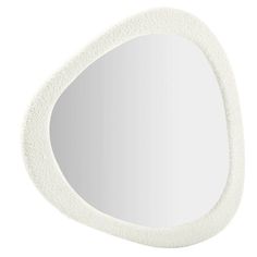 an oval shaped mirror with white felt on the edges and bottom edge, against a white background