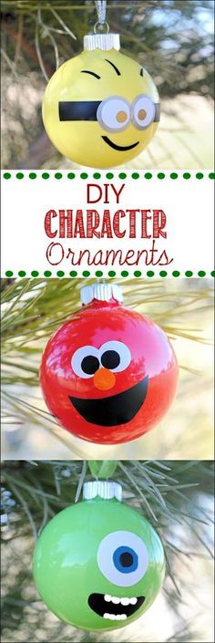 an ornament is hanging from a christmas tree with the words diy character ornaments