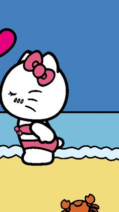 hello kitty on the beach with a heart shaped balloon in the sky above her head