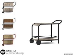 three different types of metal and wood serving trolleys, each with wheels on them