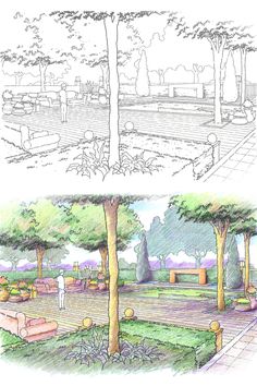 two different views of a park with benches and trees