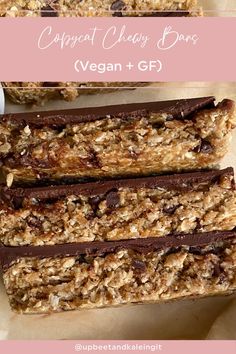 granola energy bars with text overlay that reads, vegan gf chocolate and oatmeal bar