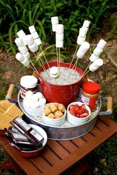 an outdoor picnic with marshmallows, hotdog sticks and ketchup